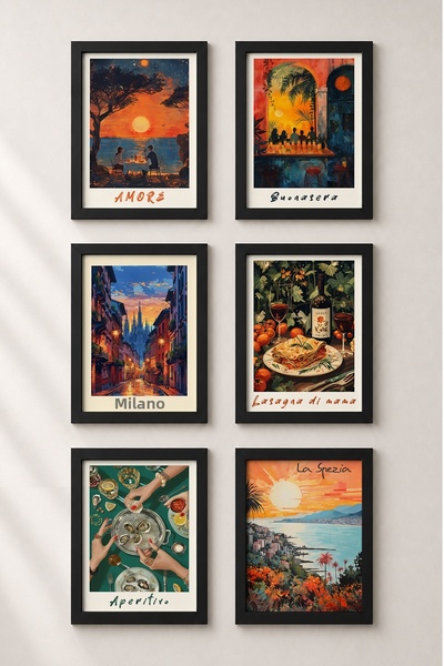 HOMEPACK 6 Piece Italian Evenings Framed Painting Set Italy Posters Living Ro...