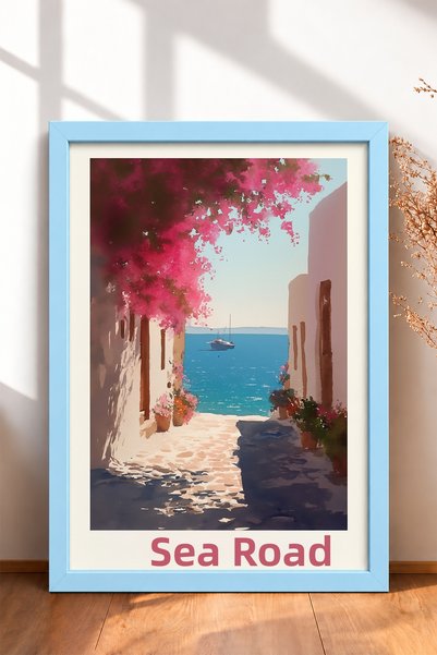 HOMEPACK Strada Del Mare Written with Letters Begonvilli Street Framed Painti...