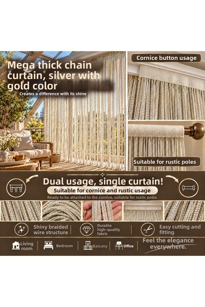 AKÇA TEKSTİL Ip Curtain Special Series Mega Thick Chain Silver Silvery Gold C...