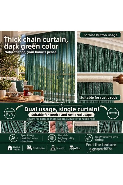 AKÇA TEKSTİL Rope Curtain Special Series Thick Chain Dark Green Color (Cornic...