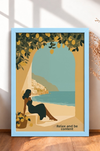 HOMEPACK Rilassati E Basta Written Beachside Woman Framed Painting Italy Post...