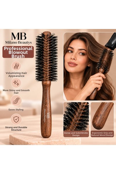 MİLANO BEAUTYS Professional Wooden Round Blow-Dry Comb – Dense Bristle Hair S...