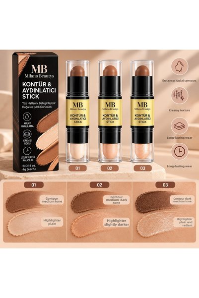 MİLANO BEAUTYS قلم تحديد وتفتيح الوجه ذو وجهين - 2 في 1 لتشكيل الوجه وإبراز م...