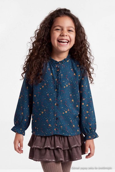 TRENDYOLKIDS Turquoise Girl Child Flower Pattern Long Sleeve Shirt Tkdaw27Go0...