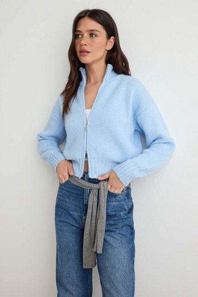 Trendyol Collection Blue High Neck Cropped Waist-Fitted Knitwear Cardigan Two...