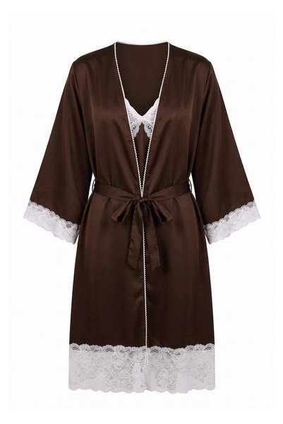 Trendyol Collection طقم زينة عروس بني مكون من قطعتين، قميص نوم من الساتان الم...