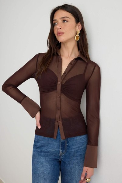 Trendyol Collection قميص تول طويل مسطح باللون البني من إصدار محدود TPRAW27GO0...