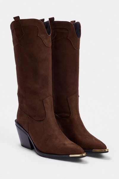 TRENDYOL SHOES Σκούρο καφέ σουέντ γαλβανισμένο γυναικείο μποτάκι γουέστερν με...