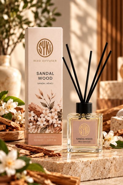 Syku Sandal Wood Çubuklu Oda Kokusu 100 ml – Sandal Ağacı Reed Diffuser Cam Şişe