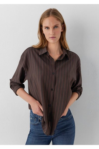 Mavi Çizgili Kahverengi Gömlek Oversize / Geniş Kesim 1220417-90777