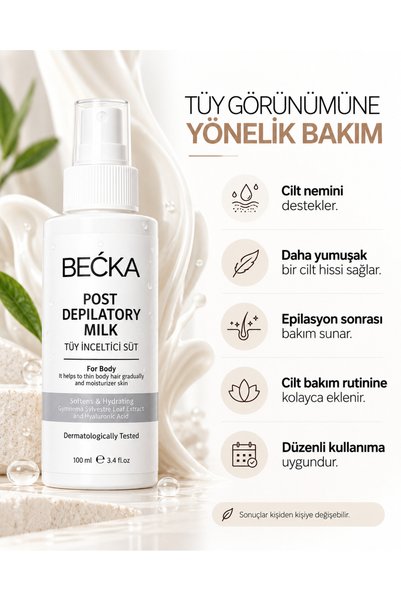BECKA Tüy Azaltıcı Ve lnceltici Nemlendirici Süt Gymnema Sylvestre & Hyaluronik Asit Özlü 100 ml