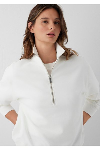 Mavi Yarı Fermuarlı Beyaz İnterlok Sweatshirt 1S10572-83043
