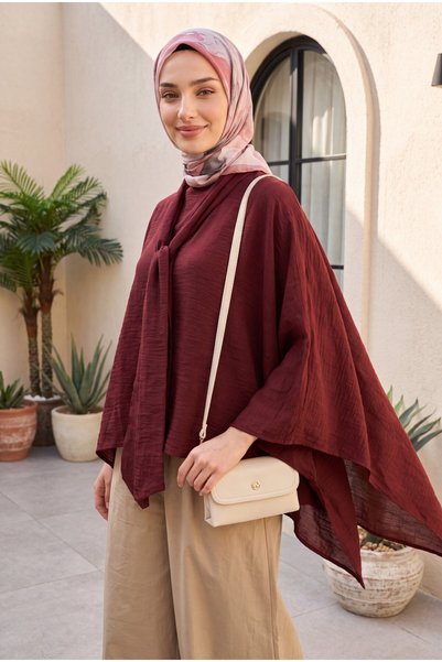 HİJABAYA Loose-Fitting Buttoned Bat Sleeve Hijab Polyviscon Tunic with Long B...