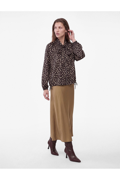 Koton Long Sleeve Oversize Scarf Collar Bambi Printed Satin Shirt with Zipper