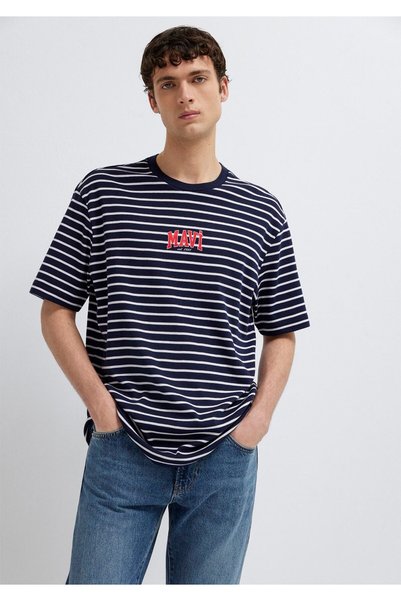 Mavi Tricou cu dungi bleumarin cu logo imprimat, croială lejeră / croială con...