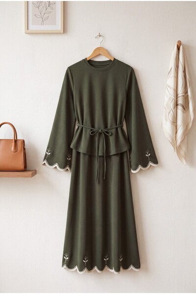 HİJABAYA Embroidery Detailed Belted Skirt with Flounce Sleeves Maxi Hijab Com...