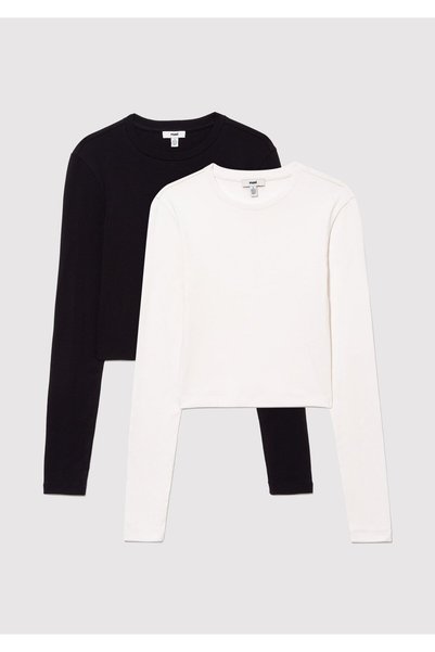 Mavi 2li Uzun Kollu Crop Basic Tişört Fitted / Vücuda Oturan Kesim 1613021-70057