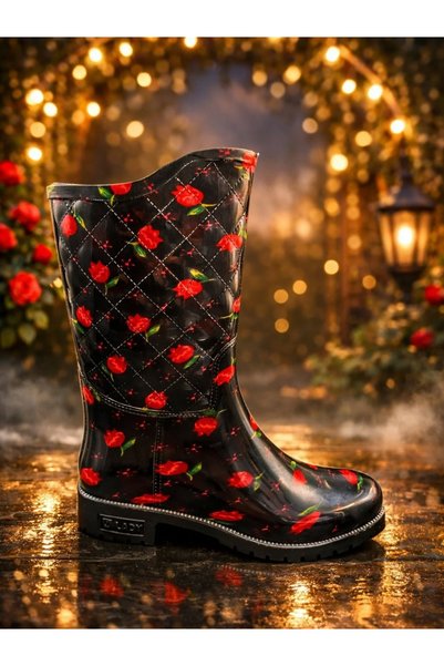 ARISAN Women Black Long Floral Rain Boots