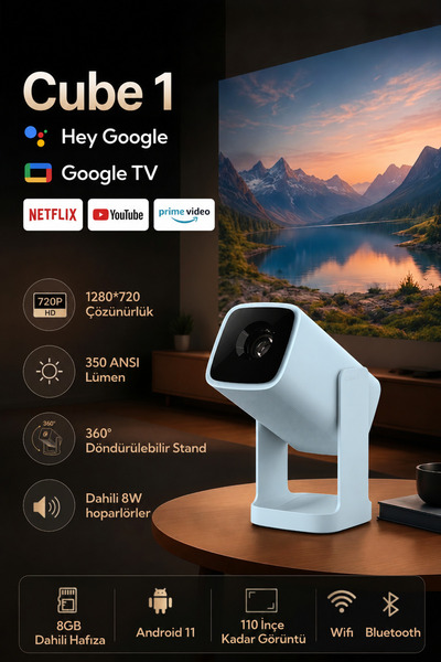 wanbo Cube 1 WiFi ve Bluetooth Özellikli Projektör, Google Sesli Kontrol
