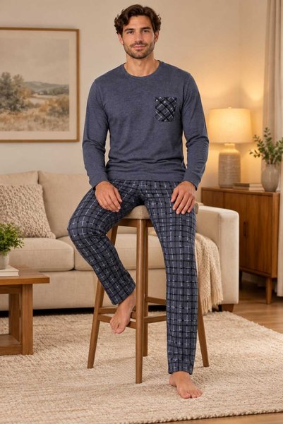 Sude HOMEWEAR Ανδρικό σετ πιτζάμες με μακριά μανίκια, μπλε χρώμα, καρό σχέδιο...