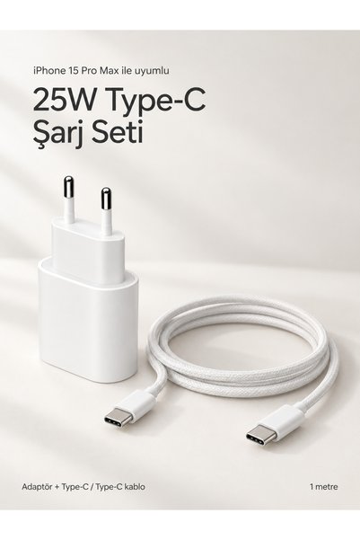 Genel Markalar iPhone 15 Pro Max Type-C 25W Hızlı Şarj Adaptörü ve Type-C Şar...