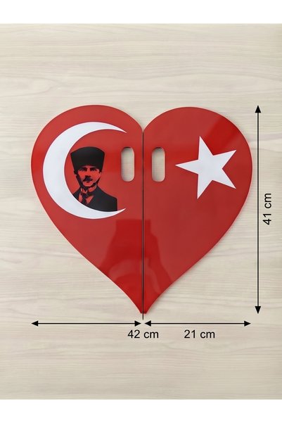 Wooden Factory Atatürk and Flag Themed Heart-Shaped Decorative Mdf Figure wit...