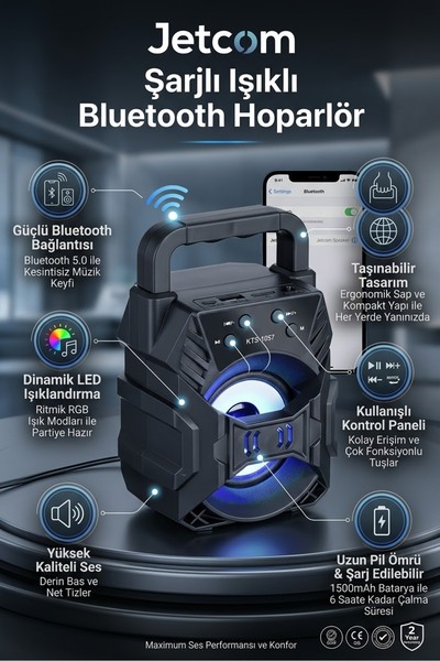 Jetcom Kablosuz Taşınabilir Bluetooth Hoparlör Işıklı Ses Bombası Yüksek Ses