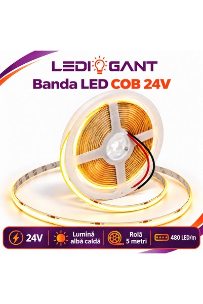 LEDIGANT Bandă LED COB 24V, 480 LED/m, Lumină Albă Caldă, Interior IP20, 8 mm...