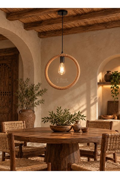 Moonlight Lighting علاقي سقف مودرن بإطار دائري ملفوف بالحبال الطبيعية لمبة E2...