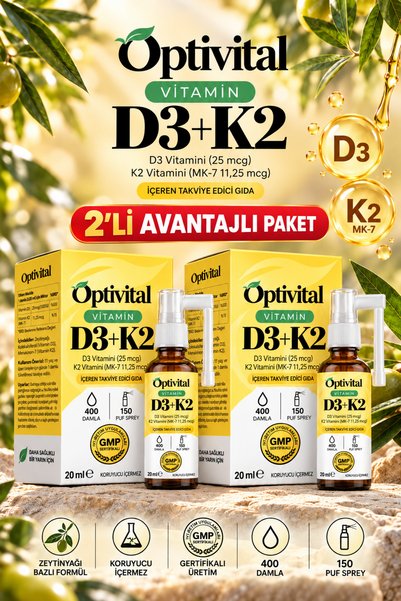 optivital D3K2 Vitamin 20 ml Damla 2 li Avantaj Paket 2. %50