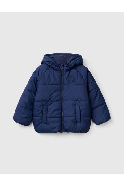 United Colors of Benetton Baby Boy Navy Blue Hooded Zippered Coat with Left C...