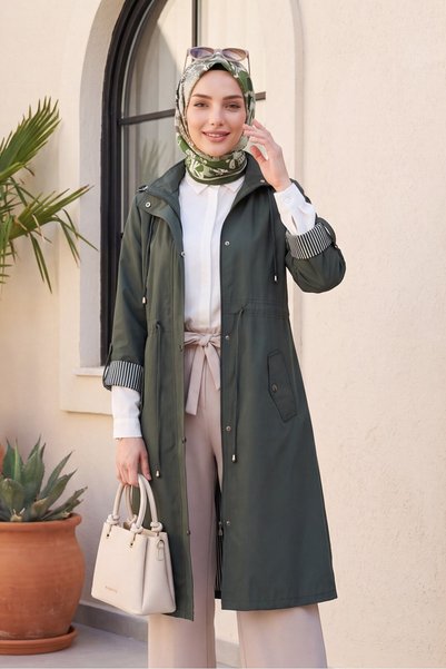 HİJABAYA Astarı Long Sleeve Lace-Up Hijab Striped Trench Coat - Khaki