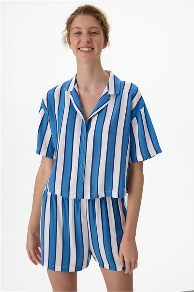 Penti Mavi Vacation Striped Short Sleeve Buttoned Shirt Shorts Pajama Set