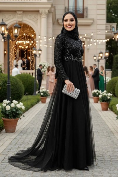 Neva Style Beaded Black Hijab Evening Dress 9160S