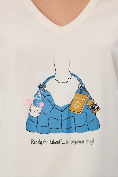 Penti Mavi Pajamas Only Aksesuar Desenli Pamuklu Pantolon Kısa Kollu Pijama Takımı