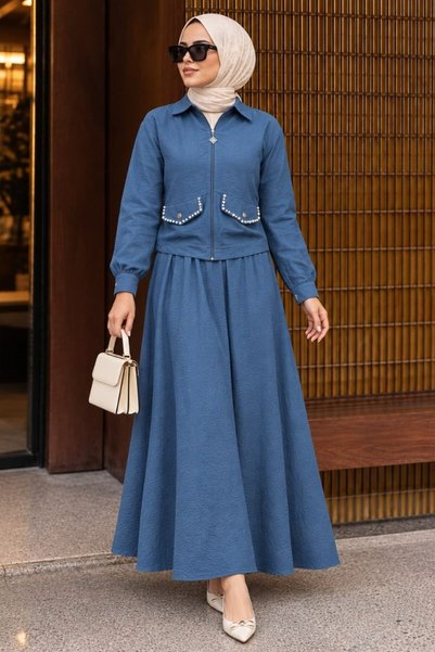 N.S NEVA STYLE Zippered Indigo Blue Hijab Skirt Double Set 44751Im