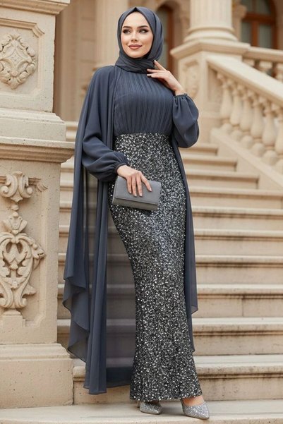 Neva Style فستان سهرة حجاب مدخن مزين بالترتر 50231FU