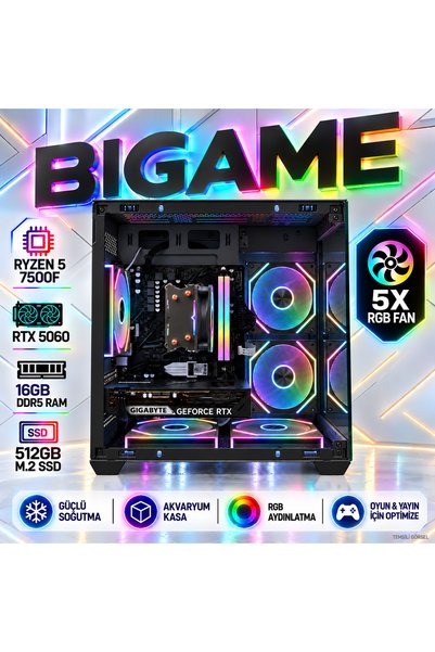 Genel Markalar Anubis V5 Ryzen 5 7500F Rtx 5060 16GB Ram 512GB M2 SSD Akvaryu...