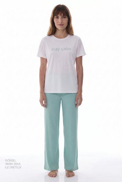 Penti Mint Yesili Mama Stay Calm Slogan Desenli Kısa Kollu Pijama Takımı