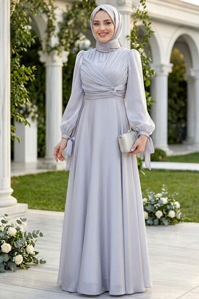 Neva Style Grey Hijab Evening Dress with Draped Detail 4823Gr