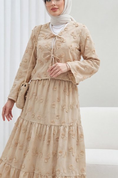 HİJABAYA Set kimono cu aspect de in, cu cravată în față, broderie florală în ...