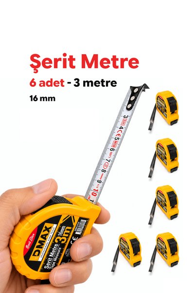DMAX Şerit Metre 3 Metre – 16 mm Genişlik, Kilitli, Dayanıklı Gövde Kilitli Mekanizma | 6 ADET