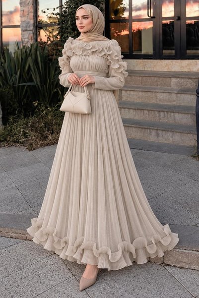N.S NEVA STYLE Ruffle Detailed Stone Hijab Evening Dress 55691Tas