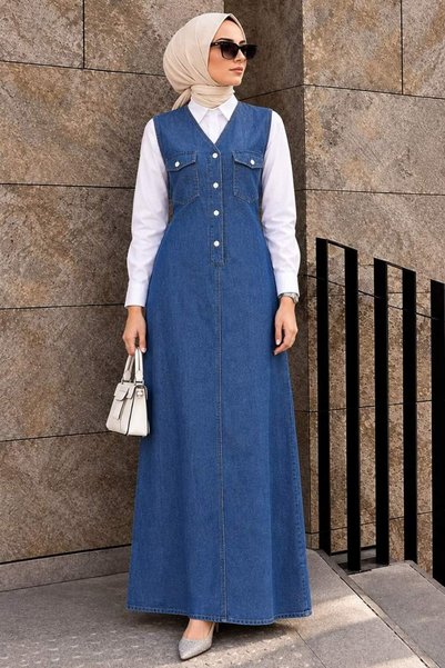 Neva Style Lacivert Tesettür Kot Salopet Elbise 19018L