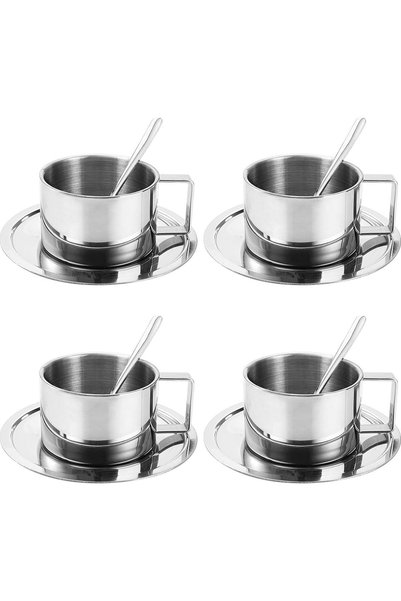 Chavin Çelik 4 Adet 200 ml Çift Cidar Espresso Kahve Fincan Seti Sunum Bardağ...