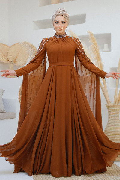 Neva Style Cape Detailed Tan Hijab Evening Dress 47381Tb