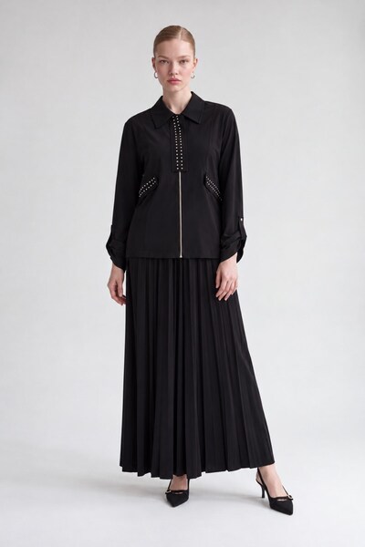 Levidor Stone Collar Detail Pleated Skirt Set Black