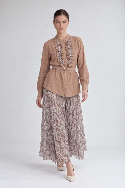 Levidor Belt Detailed Pleated Skirt Set Mink