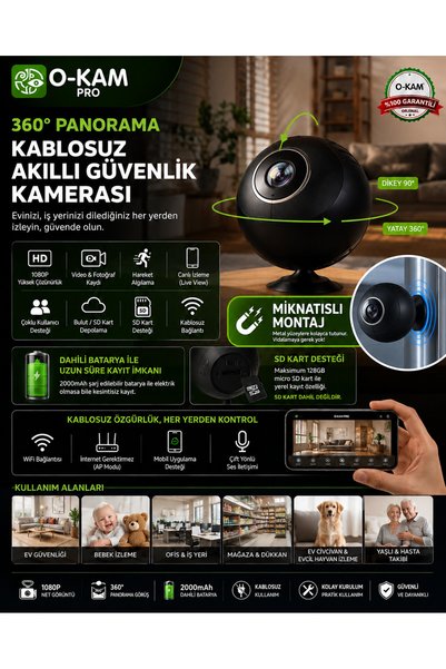 O-KAM PRO OKAM OK-104 EKOW WiFi Mini Bataryalı Balık Gözü Lens Kamera Küçük b...