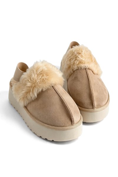 Shoebutik Echo Beige Elastic Band Women's Plush Slippers